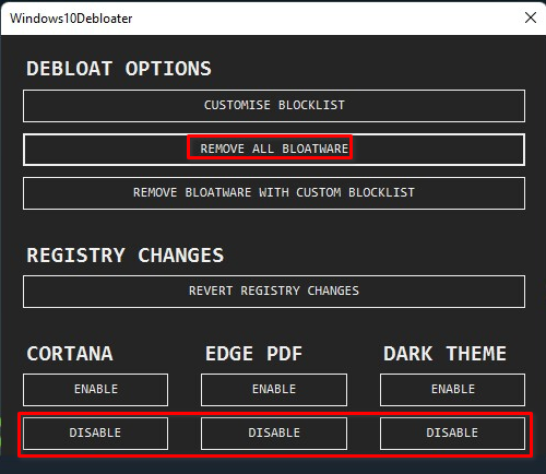 captura opciones debloat